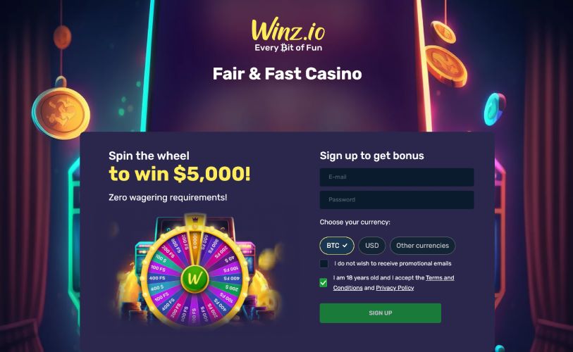 Winz.io Casino Homepage Review